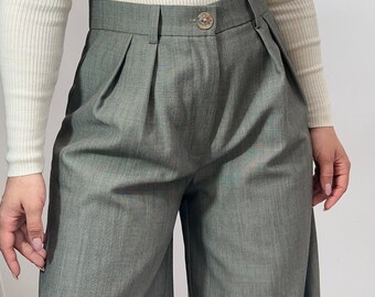 wool  cotton high waisted trousers/ Wool , brown, beige  cream wide leg pants/ wool trousers/ pleated trousers/ black suit pants