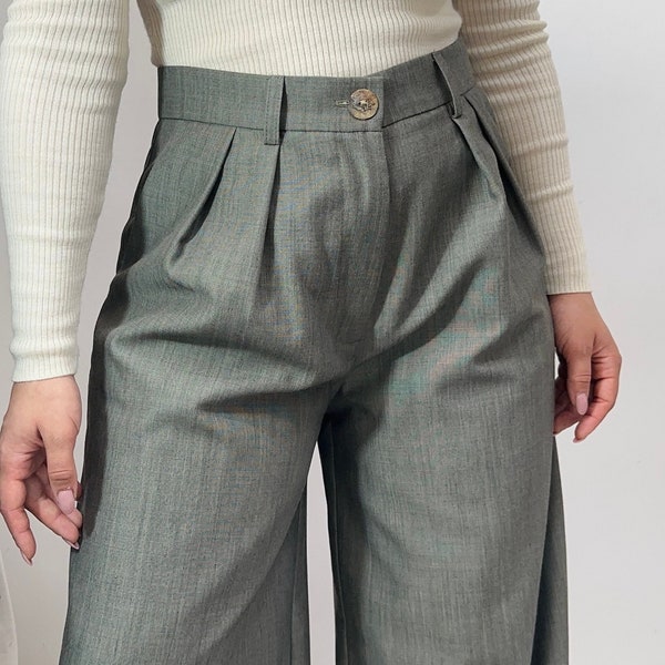 wool  cotton high waisted trousers/ Wool , brown, beige  cream wide leg pants/ wool trousers/ pleated trousers/ black suit pants