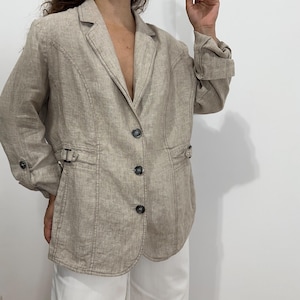 Vintage beige linen blazer with decorative side tabs and rolled cuffs – size XL