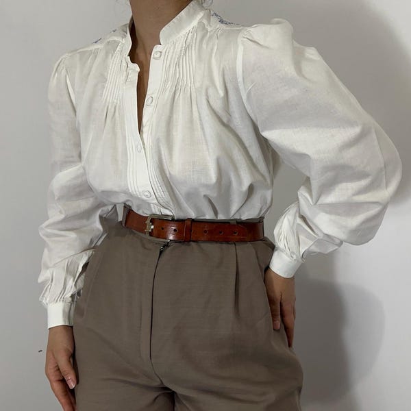 Vintage White Cotton Folk Blouse | Embroidered Puff Sleeve Shirt, Size S