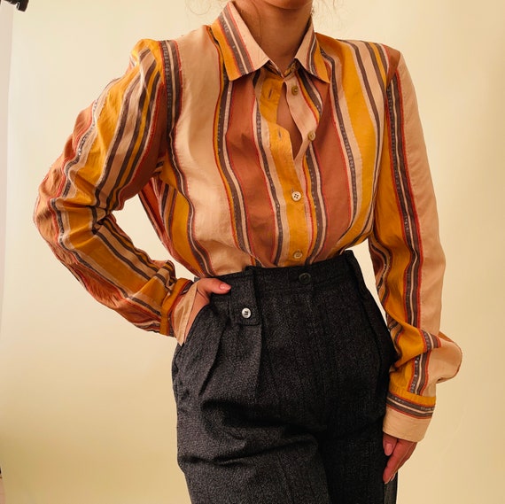 Vintage Etro pure silk striped yellow blouse, but… - image 1