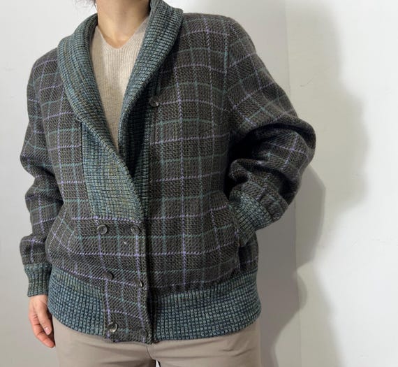 Vintage wool bomber jacket M-L, green plaid preppy jacket, Wool coat