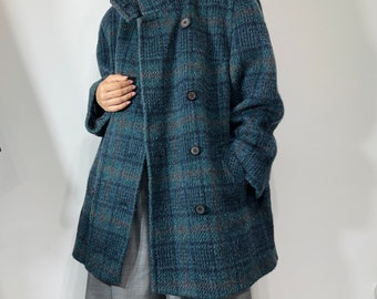 vintage mohair wool coat, wool plaid oversized coat