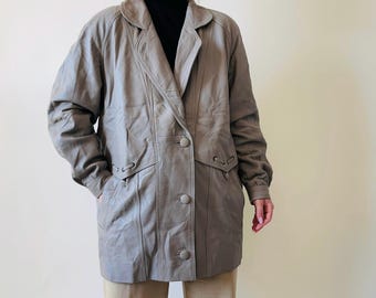 Vintage Beige Genuine Leather Overcoat, 80s Minimalist Style, Size M