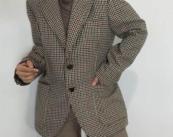 Blazer vintage in pura lana pied de poule taglia M – Giacca preppy a quadri, blazer oversize in lana stile old money