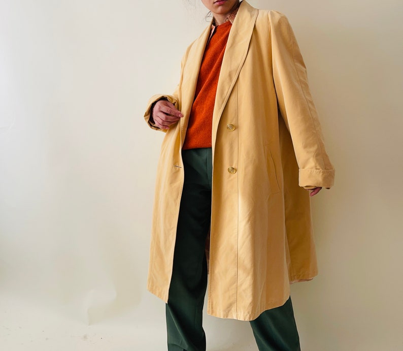 vintage light yellow oversized trench coat, minimalist spring coat image 1