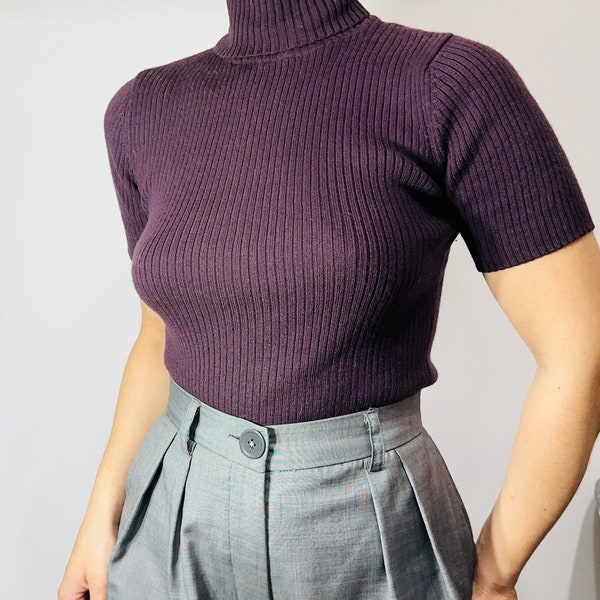 extrafine wool mix purple turtleneck/ short sleeved wool sweater/ ribbed sweater