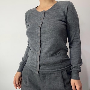 Merino wool grey cardigan – extra fine knit, long sleeve, round neck – size XS