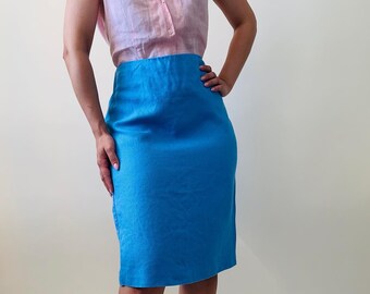 vintage linen blue pencil skirt, office linen skirt