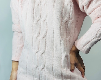 soft wool pink cable knit sweater/ pink wool long jumper