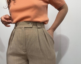 High Waisted Pleated Wool Trousers – Brown Striped Tailored Pants, Light Wool, Adjustable Inseam