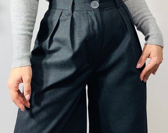 Pure extrafine  wool high waisted trousers/ Wool grey navy black flowy  wide leg pants/ fall spring  wool trousers/ pleated trousers