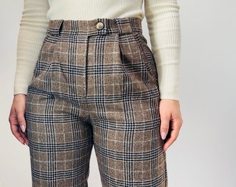 lightweight wool straight leg pleated trousers/ high waisted office pants/ fall spring wool plaid suit pants