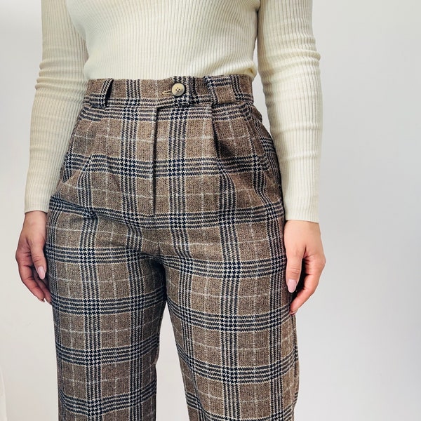 Pantalon droit à plis léger en laine/pantalon de bureau taille haute/pantalon de costume à carreaux en laine automne-printemps
