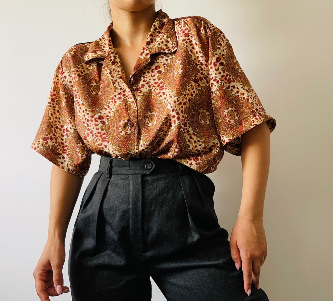 Brown Satin Animal Print Button Front