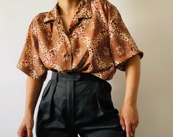 vintage pure silk brown animal print button down blouse