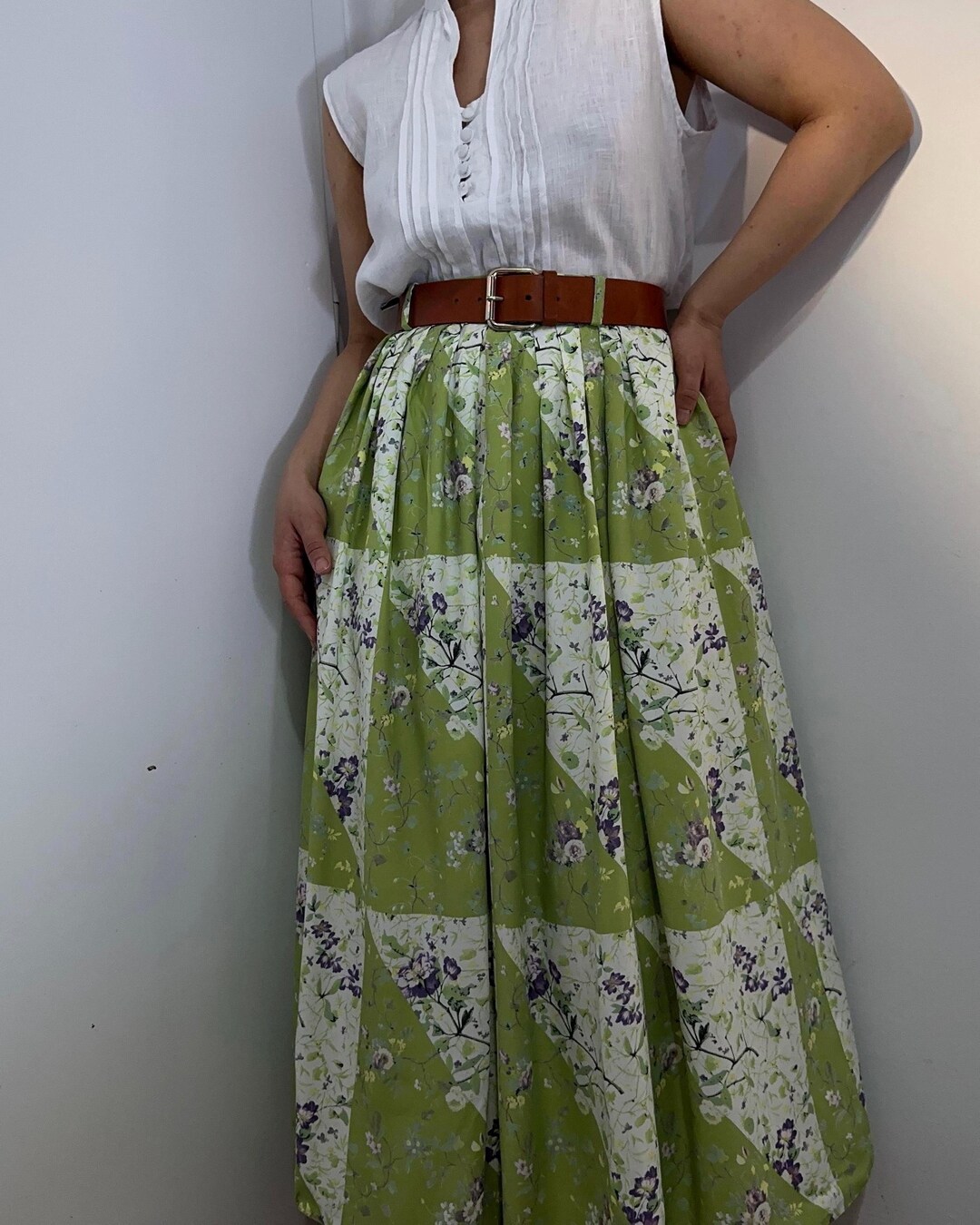 Vintage Green Floral Patchwork Midi Skirt L | Cottagecore Gathered