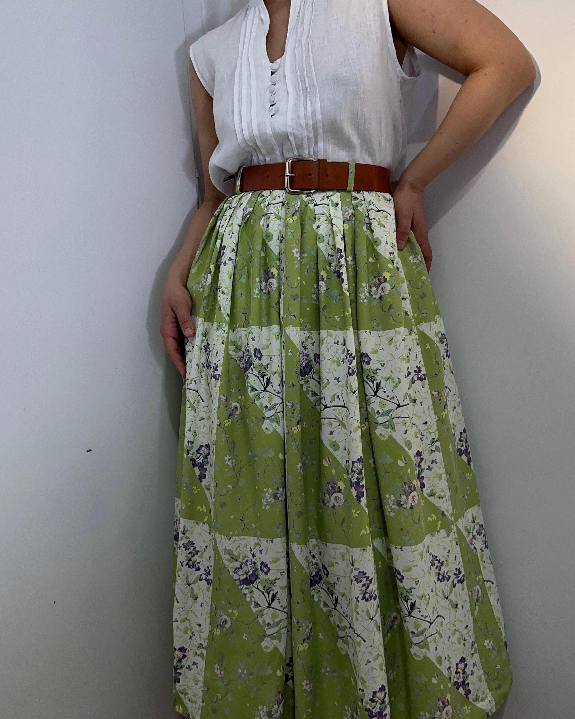 Vintage Green Floral Patchwork Midi Skirt L | Cottagecore Gathered