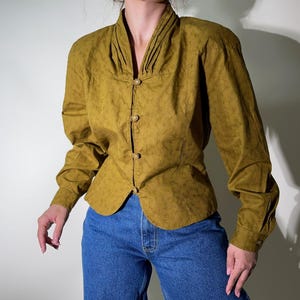 Vintage mustard cotton blouse, plunge neck with pleated collar, floral jacquard, size M