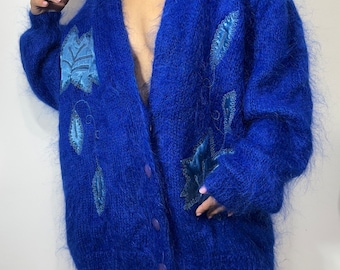 vintage mohair wool jacket/ fuzzy electric blue cardigan/ oversized wool jumper