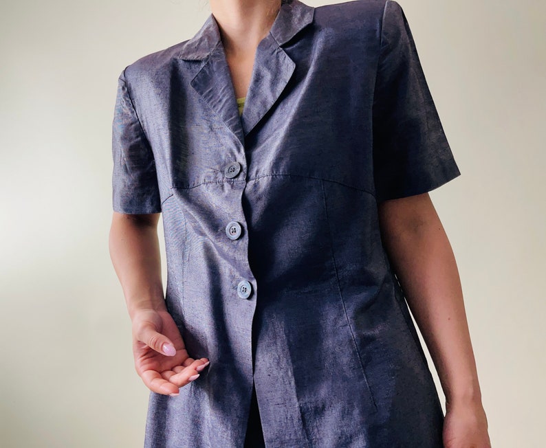 vintage linen mix grey blazer shirt, linen short sleeved long blouse image 6