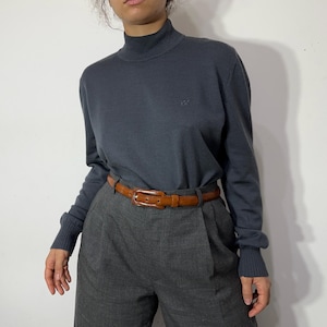 Fine merino silk cashmere sweater – minimalist mock neck pullover – soft dark grey knit – size L