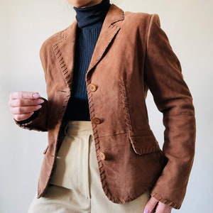 Vintage Brown Suede Leather Blazer – Fitted Leather Jacket, XS