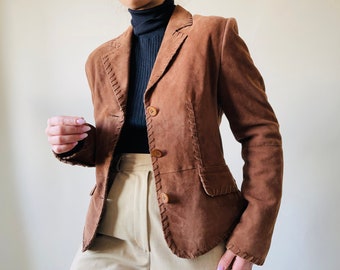 Vintage Brown Suede Leather Blazer – Fitted Leather Jacket, XS