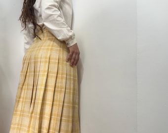 Vintage Yellow Plaid Pleated Midi Skirt Heavy Linen-look Fabric