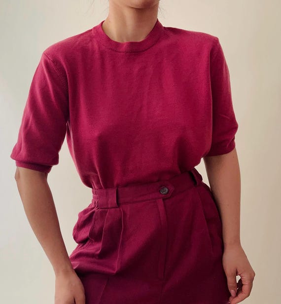 Vintage Raspberry Pink Pure Merino Wool Short-sleeve Sweater– Fine - Main Image