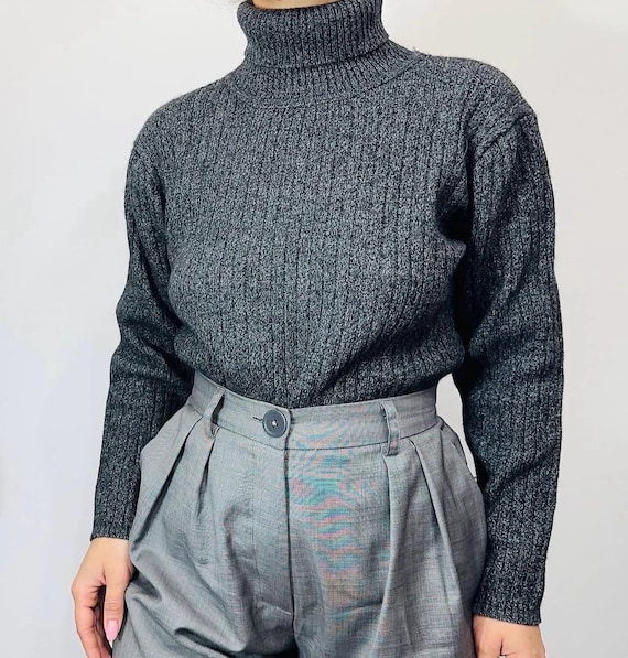 Vintage Charcoal Turtleneck Sweater – Ribbed Minimalist Knit Pullover, Soft Cotton Wool Blend, Size S-M