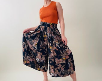 vintage hoge taille geplooide broek rok, zwarte bloemen wijde pijpen broek