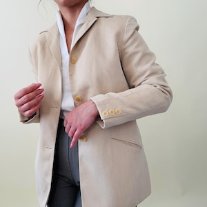 Vintage beige wool viscose blend blazer, single breasted minimalist jacket,  tailored blazer with pockets, classic neutral office blazer