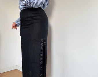 vintage linen black pencil skirt/ midi black office skirt M-L