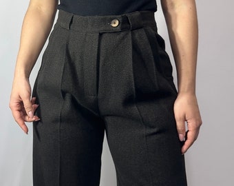 lightweight wool straight leg pleated trousers/ high waisted office pants/ wool dark green suit pants