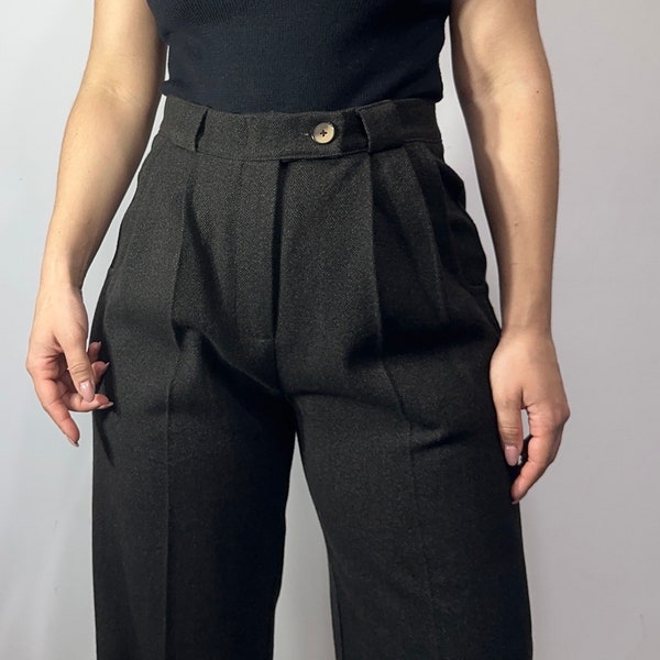 Pantalon droit à plis léger en laine/pantalon de bureau taille haute/pantalon de costume vert foncé en laine