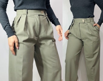 Spring fall wool high waisted trousers/ Wool black, green, beige grey navy straight leg pants/ wool trousers/ pleated trousers/  suit pants