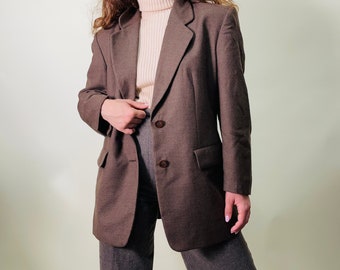 blazer marrone vintage in pura lana fine, blazer di lana, blazer da ufficio essenziale per il guardaroba