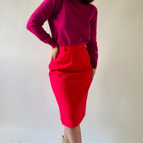 vintage red pencil skirt, midi office skirt