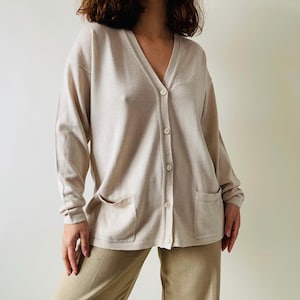 Vintage beige cardigan, merino wool blend jumper, oversized knit sweater, women’s button up cardigan, size M