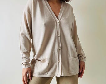 Vintage Merino Wool Blend Cardigan: Beige Knit Button-Up Sweater, Size M