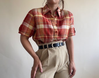 vintage 100% linen short sleeved orange plaid blouse