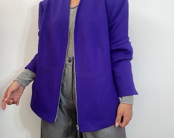 Chaqueta vintage de lana violeta claro con cremallera frontal: blazer minimalista 100 % lana, talla XL-XXL