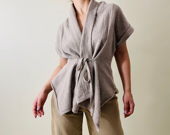 vintage wool and angora beige asymmetrical top, wrapped shot sleeved cardigan, wool jumper