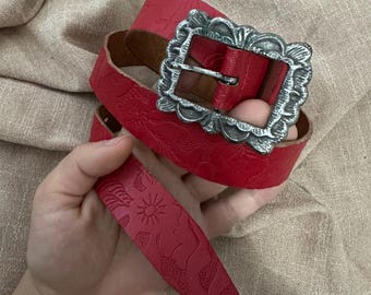 Vintage Red Leather Belt Silver Western Hook Buckle Wide 32” Waist Belt Yalice Women Red Leather Belt Silver Buckle Cowgirls Belts  main image 4