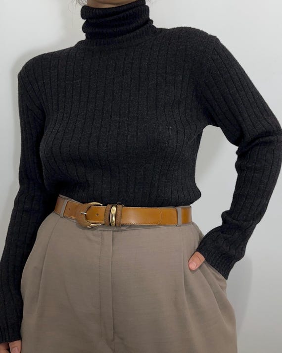 Vintage Charcoal Ribbed Turtleneck Sweater, Italian Wool Blend Knit Top, Fitted Pullover
