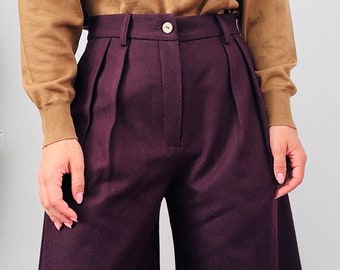 pantaloni a vita alta in cotone e lino di lana/ pantaloni a gamba larga in lana, marrone, beige crema/ pantaloni di lana/ pantaloni a pieghe/ pantaloni da abito neri