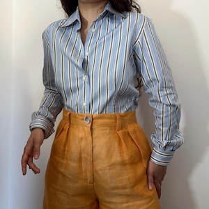 Vintage fitted cotton shirt – blue, cream & brown striped blouse – classic smart style – size S