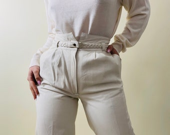 vintage high waisted leather pants, white pleated leather trousers