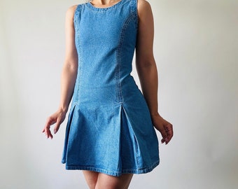 vintage blue denim mini dress,MOD style denim skater dress